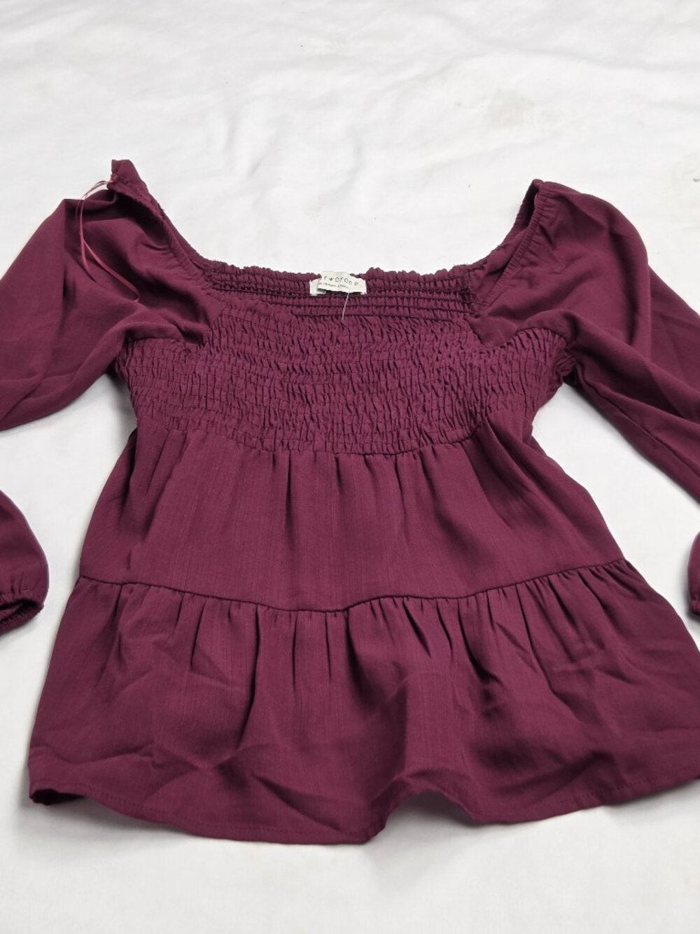 Paper Crane brand maroon long-sleeve smocked babydoll blouse XS